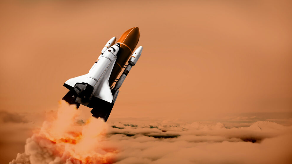 A classic space ship with large booster flying towards the upper atmosphere, rocket propelled bright orange flames, orange cloudy background, Speakly Media taking you on a Branding adventure